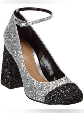 SCHUTZ Silver and Black Glitter Ankle-Strap Block Heel